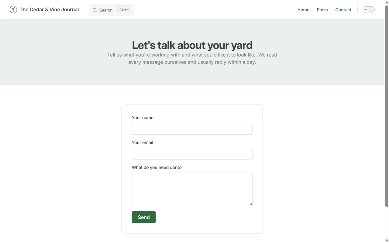 The template's contact page: a "Let's talk about your yard" heading above a form with name, email and message fields and a Send button