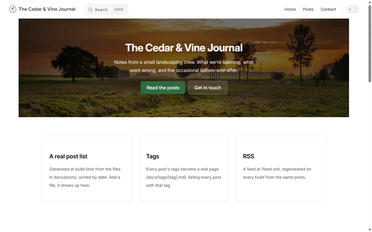 The finished blog's home page: a photo hero with the blog's name, "Read the posts" and "Get in touch" buttons, and cards for the post list, tags and RSS