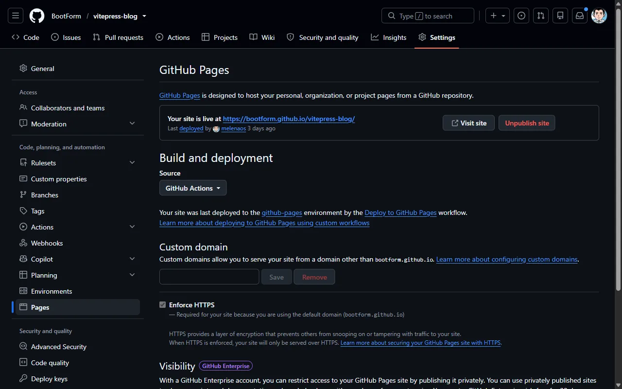 GitHub's Pages settings with Source set to "GitHub Actions" and a box saying the site is live