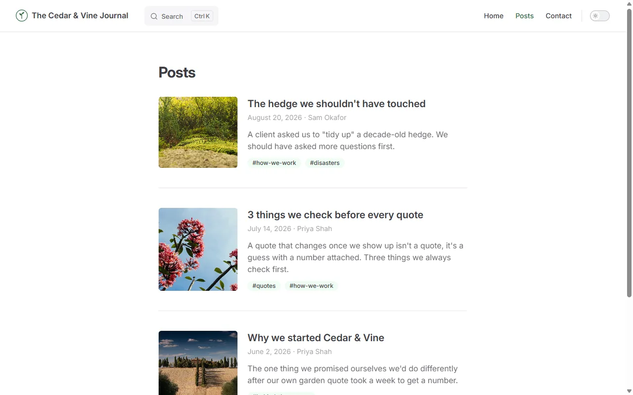The generated post list: each post with a photo, its date and author, a one-line description and its tags