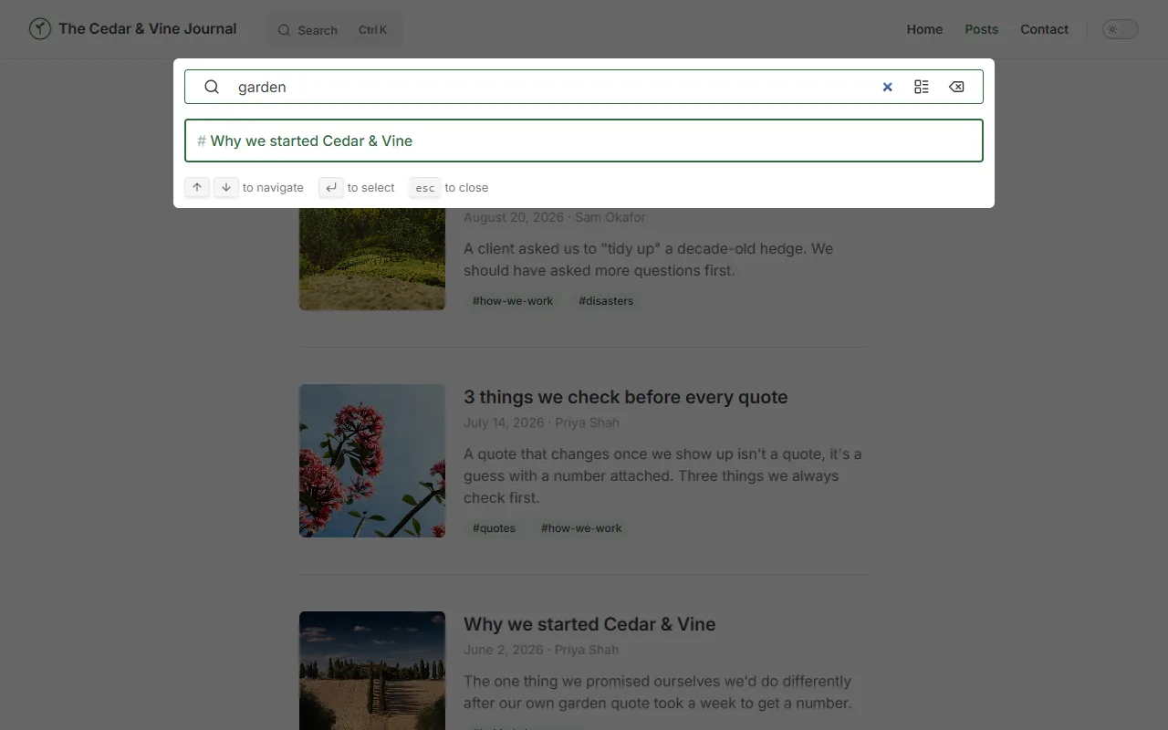 The search box open over the post list, with the word "garden" typed and one matching post shown