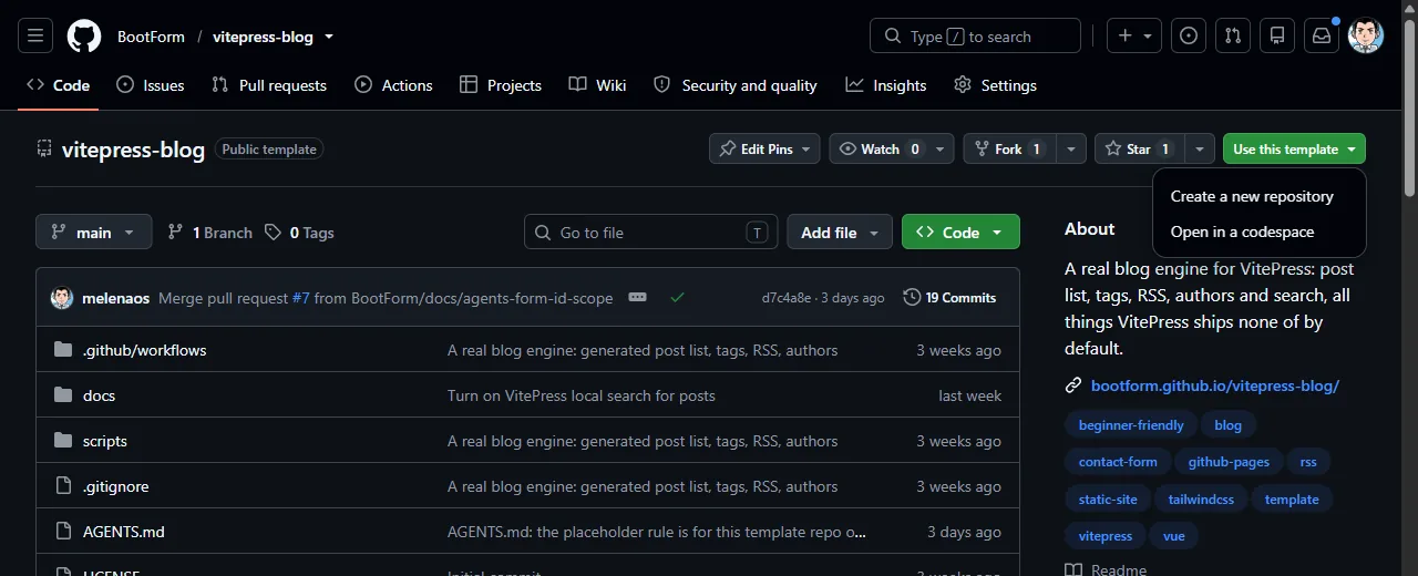 The vitepress-blog repository on GitHub with the "Use this template" menu open, showing "Create a new repository"