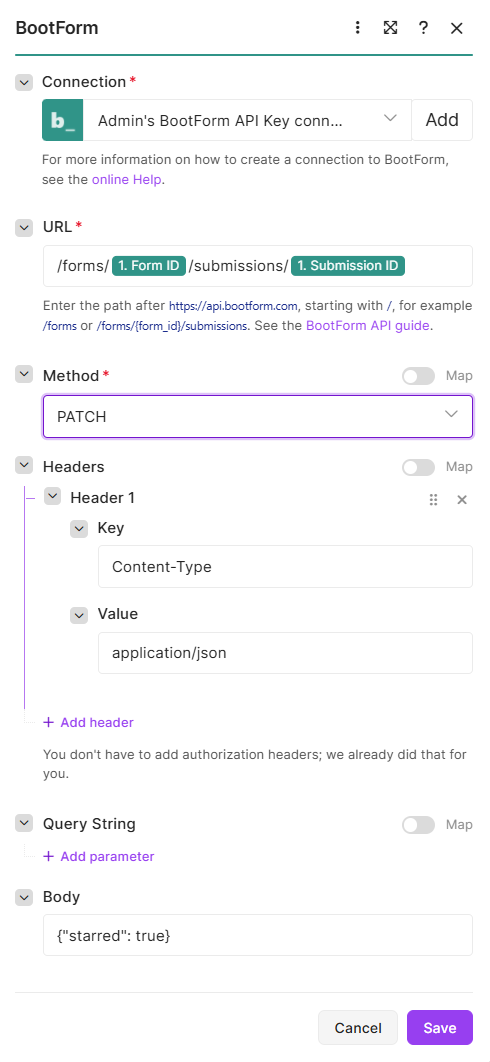 Make an API call set up to star the submission: URL built from the Form ID and Submission ID items, method PATCH, body {"starred": true}