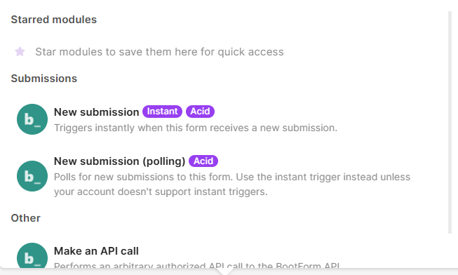The BootForm app's modules in Make: New submission and New submission (polling) under Submissions, Make an API call under Other